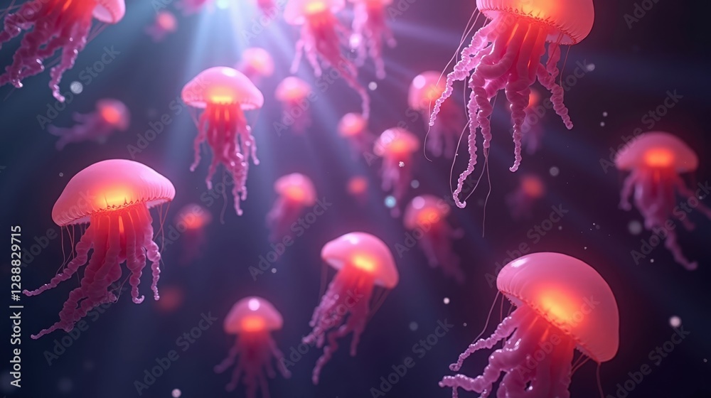 Naklejka premium A planet of floating, jellyfish-like lifeforms drifting through a thick, glowing atmosphere, their translucent bodies pulsating with soft neon light.