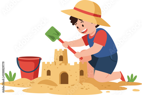 Young boy building a sandcastle with a shovel and bucket on the beach