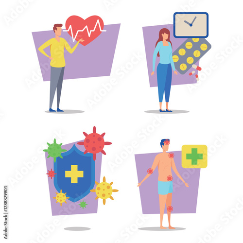 Collection of wellness themes including heart health, medication management, immune support, and overall physical well-being in vibrant, modern design