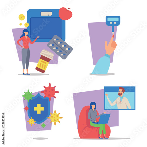 Collection of woman presenting health information and pill bottle, along with health monitoring devices and remote consultation with doctor. Modern health practices concept