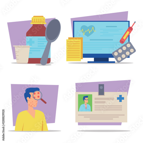 Collection of health-related items including medicine, computer with health data, and medical identification. Patient care and health management concept
