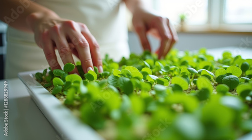Wallpaper Mural A close-up shot of vibrant green microgreens growing in a tray, gently held by a person's hands Torontodigital.ca