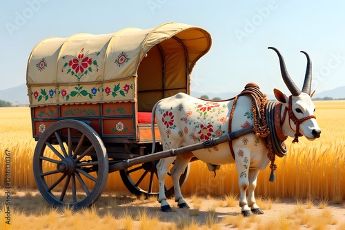 A decorated bullock cart parked near a wheat field, painted with vibrant floral patterns. photo