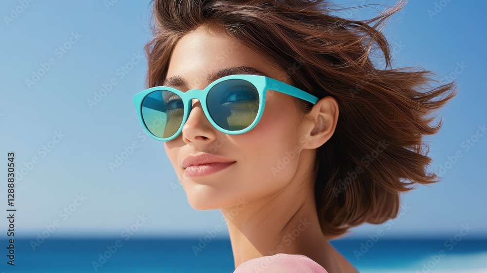 Woman with short brown hair wearing light teal sunglasses outdoors on a sunny day. Ocean in background. Woman with short brown hair wearing light teal sunglasses outdoors on a sunny day. Ocean in background.