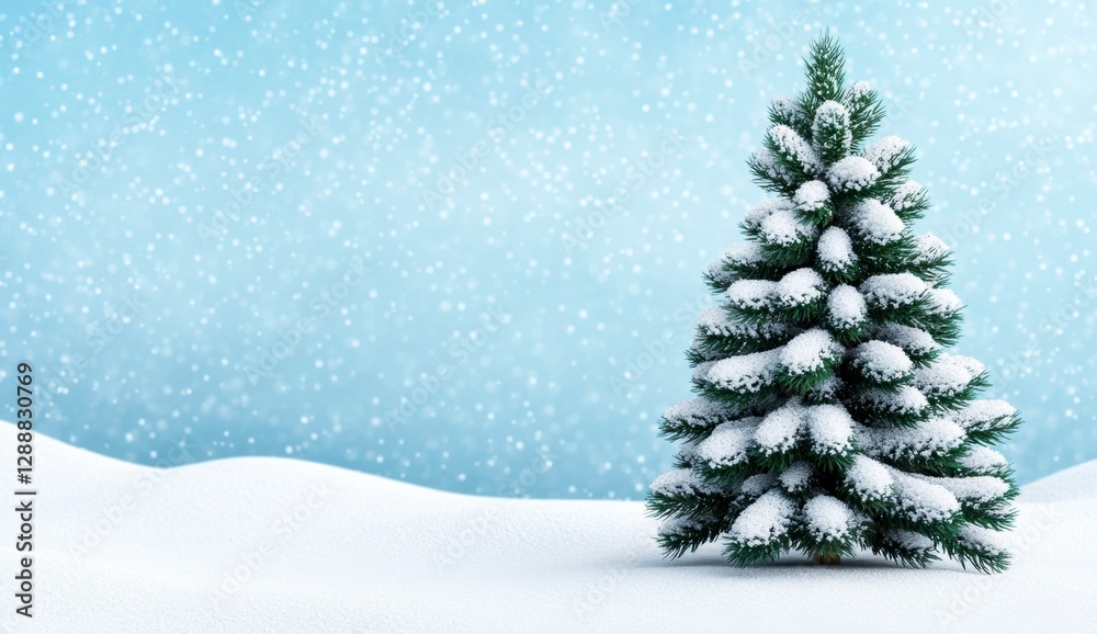 Snowy winter scene featuring a snow covered evergreen tree standing in a field of snow against a light blue sky with falling snowflakes. Peaceful Snowy winter scene featuring a snow covered evergreen tree standing in a field of snow against a light blue sky with falling snowflakes. Peaceful