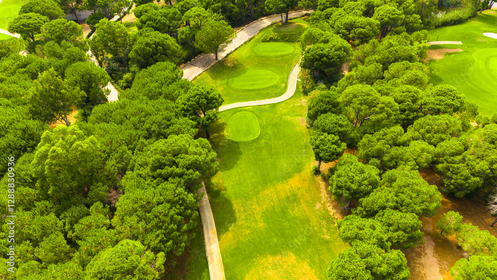 Naklejka premium Aerial view of a golf course surrounded by lush trees and winding paths