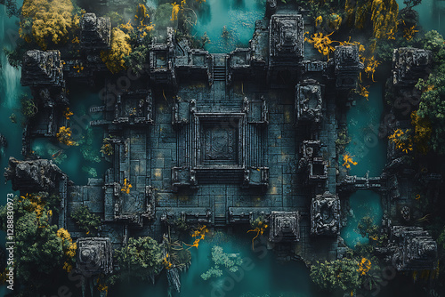 Fototapeta Naklejka Na Ścianę i Meble -  Ancient Battle Map Depicting Ruins in a Jungle with Isometric Top Down View