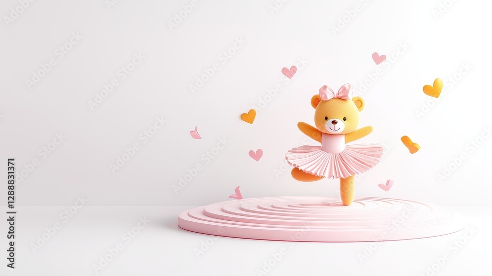 Obraz premium Cute Teddy Bear Dressed as a Ballerina Dancing on a Platform Surrounded by Floating Hearts in a Minimalist Setting
