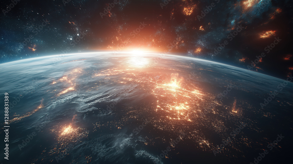 Obraz premium A stunning view of Planet Earth in outer space with visible civilization and atmosphere, courtesy