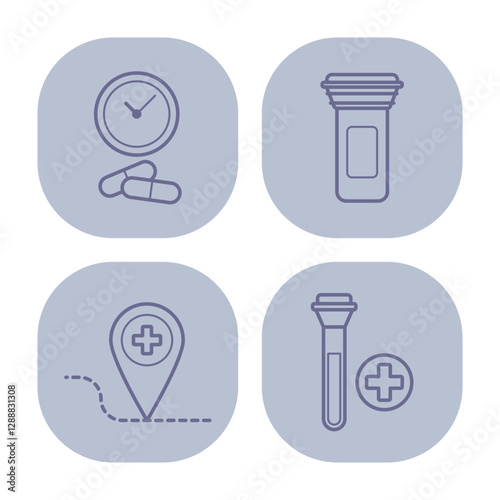 Collection of four line icons with various aspects of medicine, including medication, prescriptions, locations, and medical test samples, useful for health applications