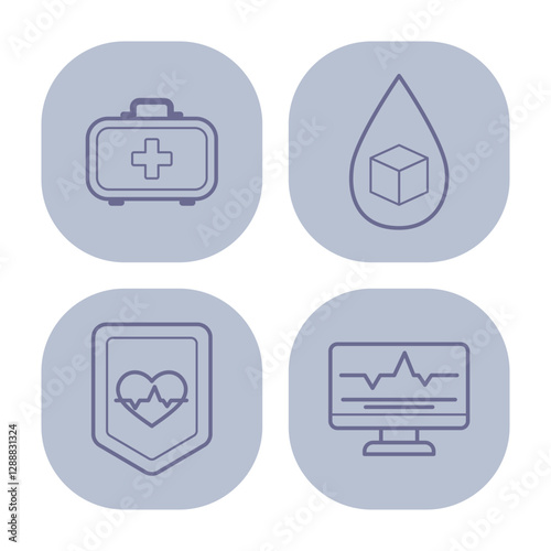 Collection of line icons with key healthcare tools and concepts, like first aid kit, droplet symbol, health shield, and health metrics monitor