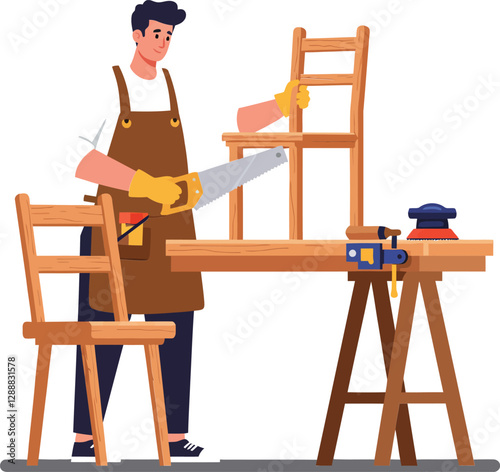 Man using saw to cut wooden chair in a workshop setting