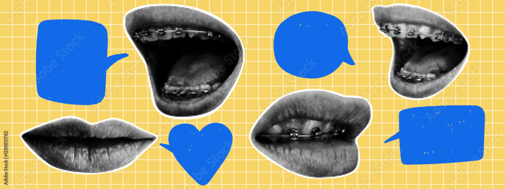 Mouth and lips in halftone texture with speech bubbles. Y2K collage design. Retro vector illustration