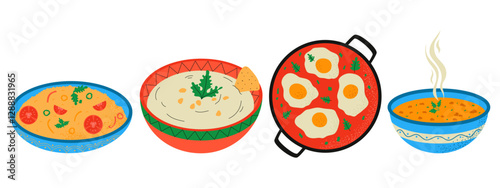 Hummus, couscous, shakshuka, lentil soup. Traditional Turkish food. Hand drawn vector illustration.