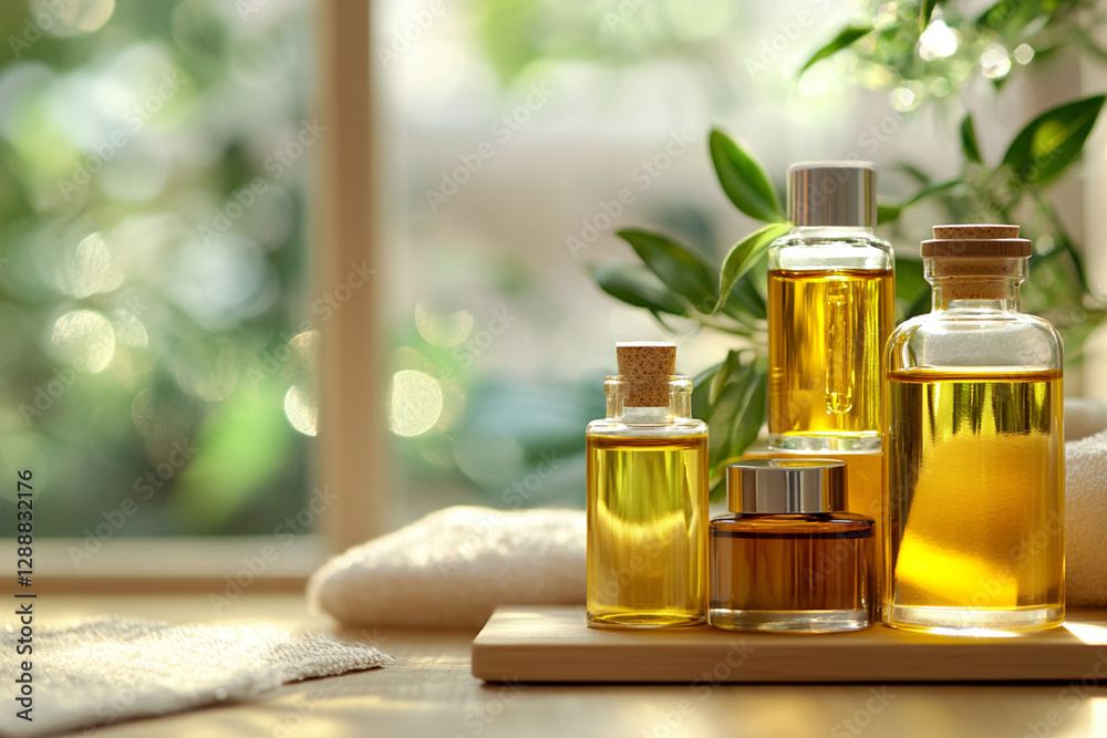 Stylish cosmetic composition with bottles of oils and serums Stylish cosmetic composition with bottles of oils and serums