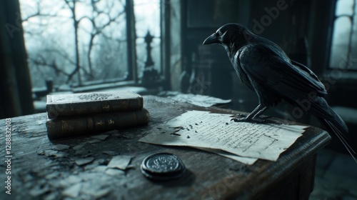 Black raven perched on a wooden table with old books, aged parchment, and a wax seal in an abandoned room, creating a mysterious and gothic atmosphere