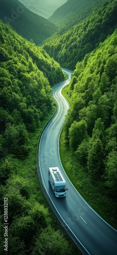 A white caravan with solar panels travels along a winding road through lush green mountains. The scenic view captures the beauty of sustainable travel and adventure in nature.