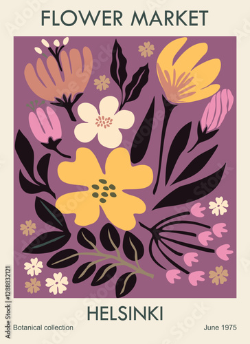 Abstract Flower Market Helsinki poster. Trendy botanical wall art with floral design in danish pastel colors. Modern naive groovy funky interior decoration, painting, print. Vector art illustration.
