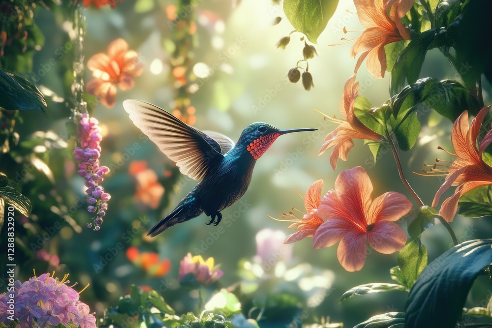 Naklejka premium A vibrant hummingbird hovers amidst a breathtaking garden of colorful flowers, bathed in sunlight.