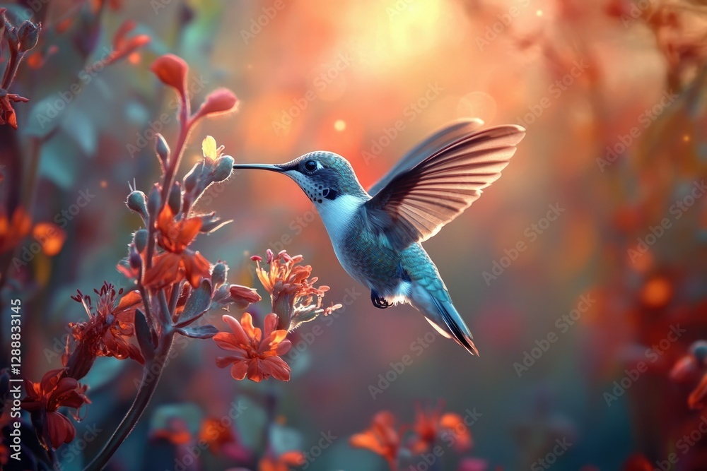 Obraz premium A hummingbird hovers near vibrant orange flowers, bathed in warm sunlight, a breathtaking scene of nature's beauty.