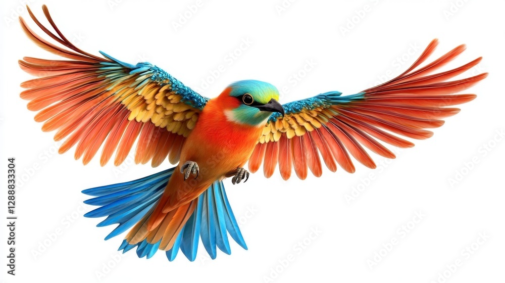 Fototapeta premium Vibrant bird in flight, wings spread wide, showcasing detailed plumage in shades of red, orange, yellow, blue, and green against a white background. 