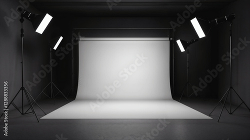 A professional photography studio room setup. White backdrop, softbox lights, dark background.