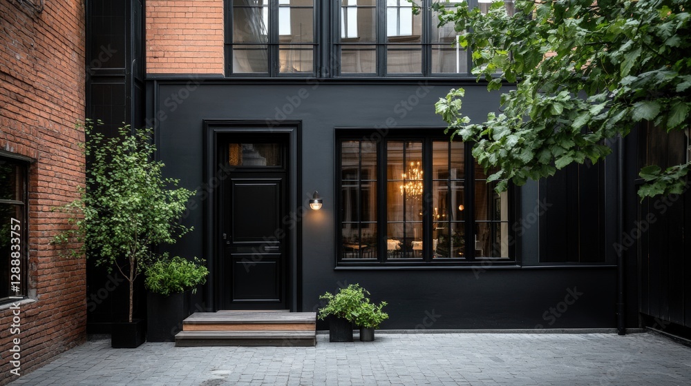 Fototapeta premium Modern black house facade with large windows, brick walls, and lush greenery, creating a stylish and elegant exterior