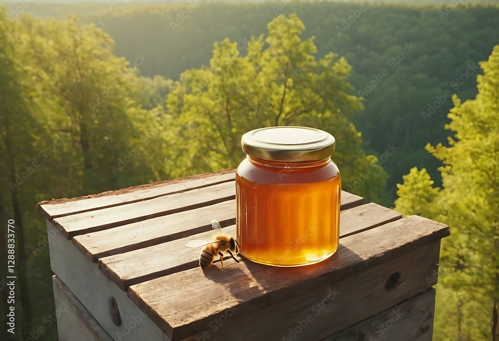 Fototapeta premium A jar of honey stands on the roof of a hive in the middle of an incredibly beautiful forest.tree, lamp, signs, wilderness, lantern, rustic, bird, home,76