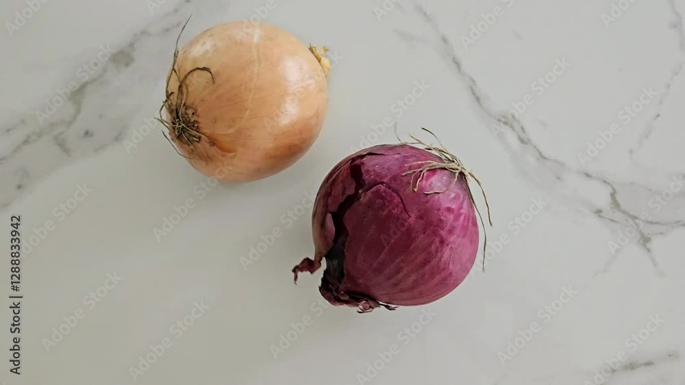 Still life shot of a light brown and red onion sitting on a white marble surface. Cooking ingredients.
