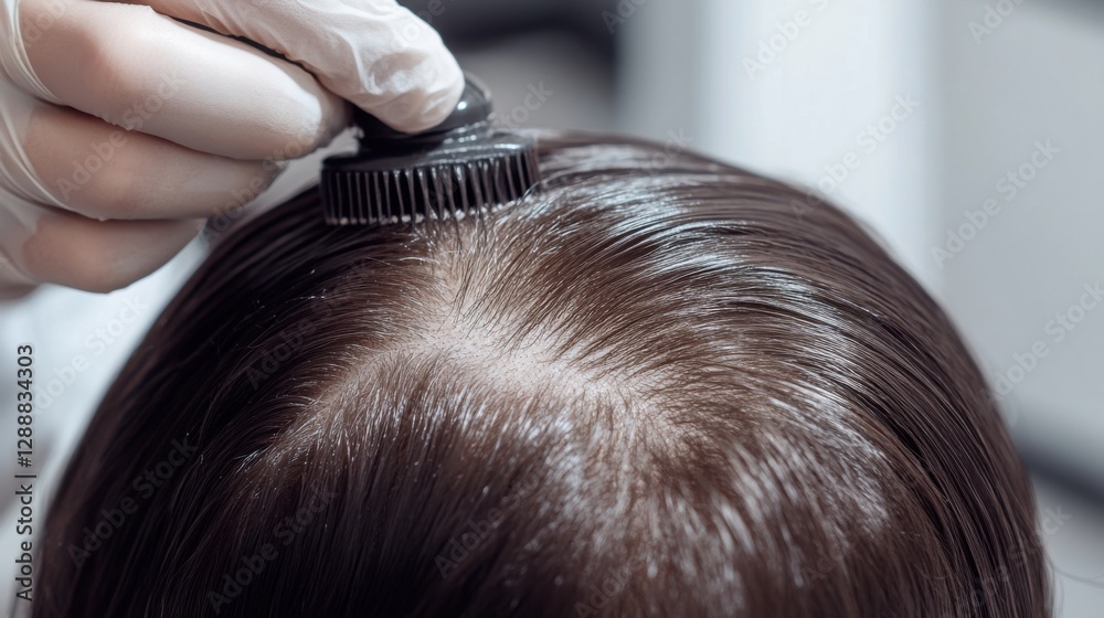 Fototapeta premium Hair restoration session in a clean, minimalist clinic. Featuring rejuvenation and regrowth