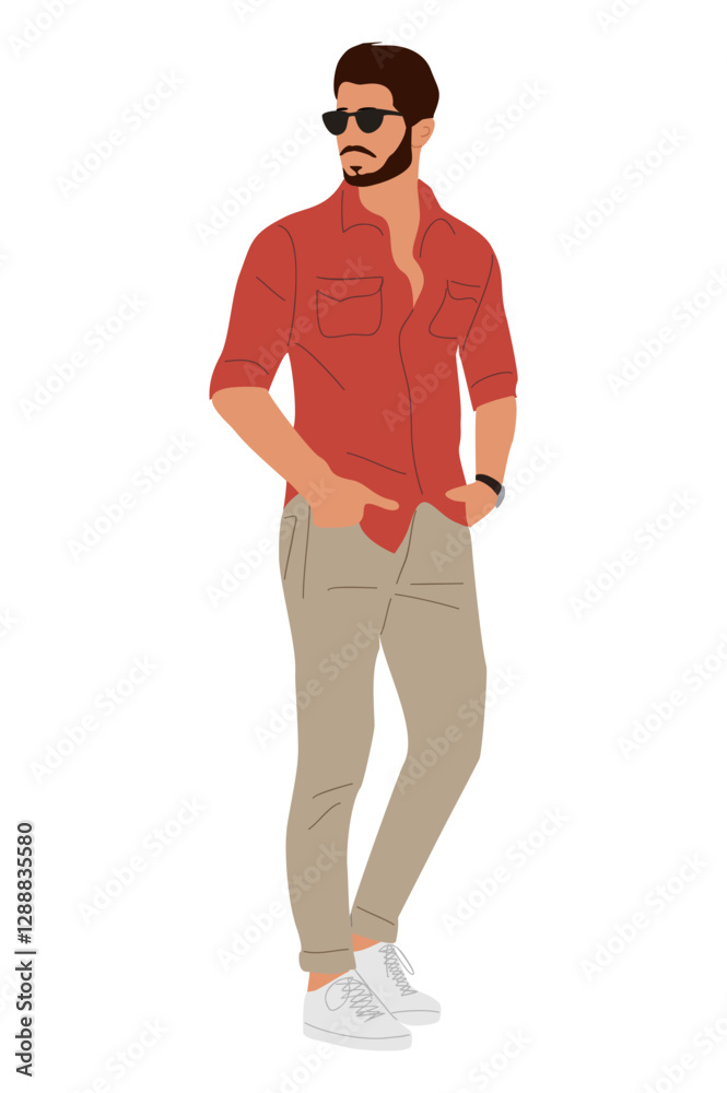Stylish young man wearing summer street fashion outfit. Handsome Business man character in smart casual office clothes, sunglasses. Vector realistic people illustration isolated Stylish young man wearing summer street fashion outfit. Handsome Business man character in smart casual office clothes, sunglasses. Vector realistic people illustration isolated