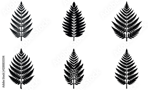 Six distinct, black silhouettes of fern leaves against a white background.