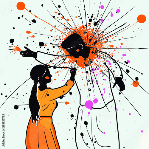 Couple in vibrant celebration, artistic illustration with splashes, joy and connection concept, copy space