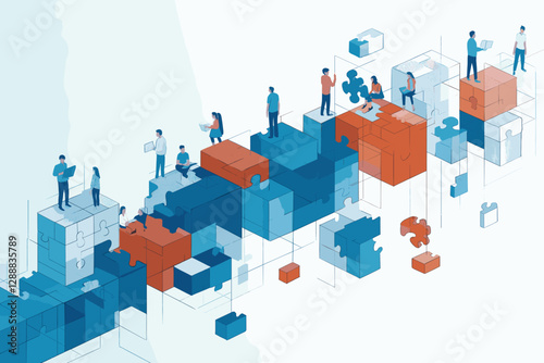 Conceptual illustration of people collaborating and building puzzle pieces in a vibrant business environment