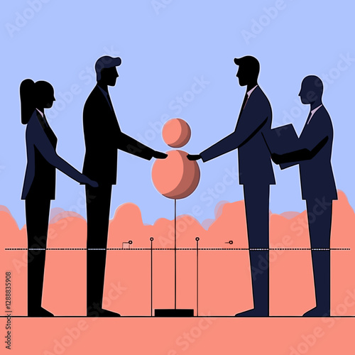 Silhouetted business figures shaking hands around a central figure in a collaborative setting against a colorful background