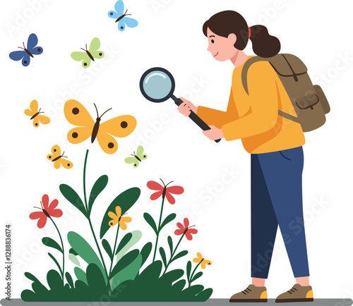 Woman observing butterflies in a colorful garden with a magnifying glass
