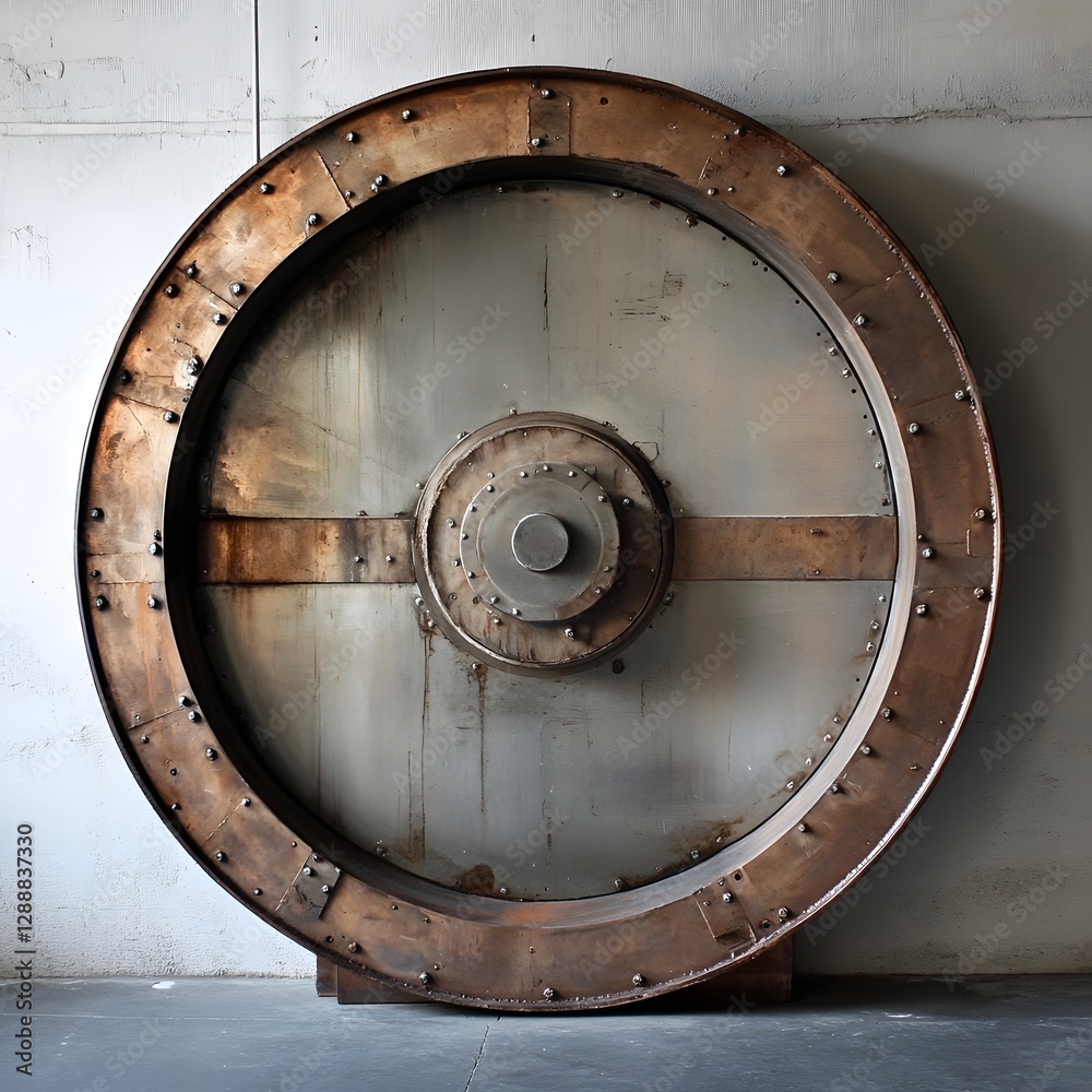 Fototapeta premium Weathered Circular Metal Bank Vault Door with Large Rusty Handle
