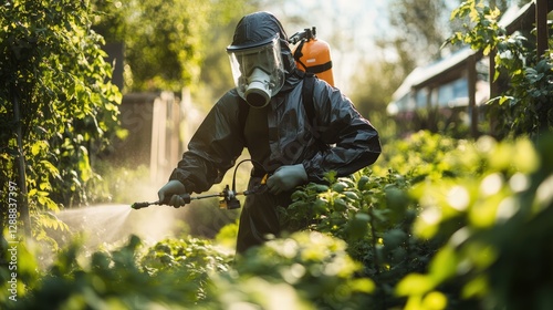 Person in protective suit and mask spraying insecticide in a lush green garden on a sunny day