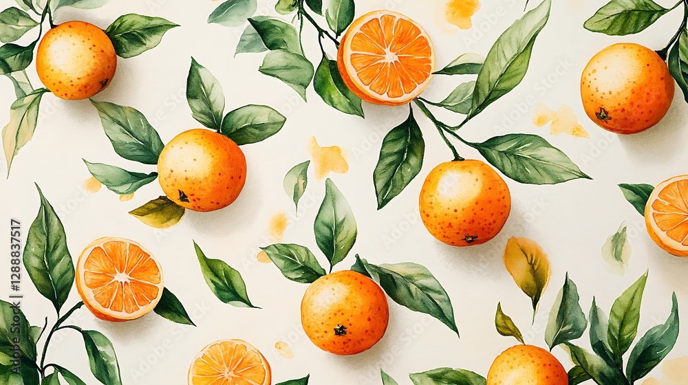 Obraz premium Oranges, leaves, watercolor pattern