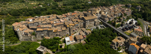 Aerial view of the village of Bagnaia, Italy. It is a hamlet of the town of Viterbo, in Lazio, located in the middle of the greenery.