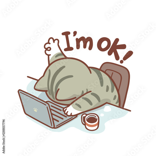 A tired gray cartoon cat slumps over a laptop, face down on the keyboard, with one paw giving a thumbs-up. Above it, the phrase "I'm OK!" humorously contradicts the exhausted posture.
