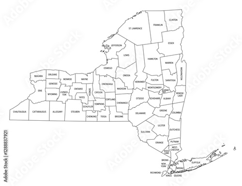 New York State subdivided into 62 counties, outline map. State of the Northeastern United States, one of the Mid-Atlantic states, nicknamed The Empire State. Map with boundaries and county names.
