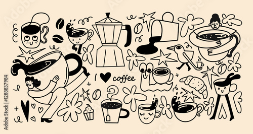 Coffee house, cafeteria, cafe stickers with cute lettering quotes, mugs and takeaway cups vector illustration set isolated on the background. Menu design elements, logo and badges collection