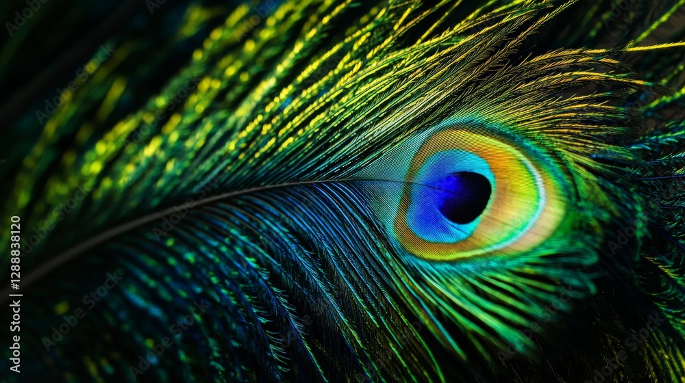 Obraz premium Close-up of vibrant peacock feather with iridescent colors and eye pattern