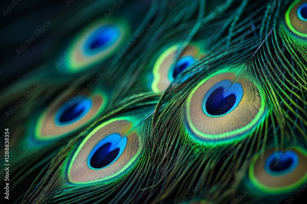 Fototapeta premium Close-up of vibrant peacock feathers with iridescent eye patterns