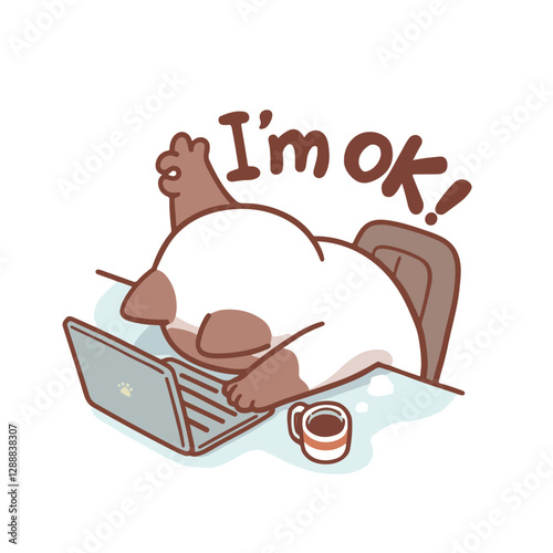 A tired seal pointed cartoon cat slumps over a laptop, face down on the keyboard, with one paw giving a thumbs-up. Above it, the phrase "I'm OK!" humorously contradicts the exhausted posture.
