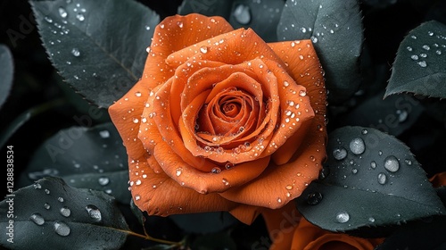 An exquisite orange rose, glistening with dew-kissed petals, sits at the heart, each droplet reflecting a world within photo