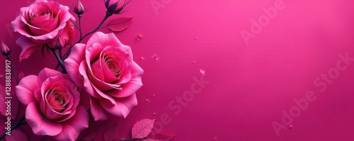 Fuchsia backdrop, continuous outlined rose & petal design , elegant, vintage, textile