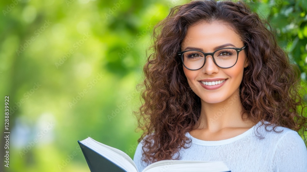 Obraz premium Smiling young woman with curly brown hair wearing glasses holds a book outdoors, bright green background, natural daylight