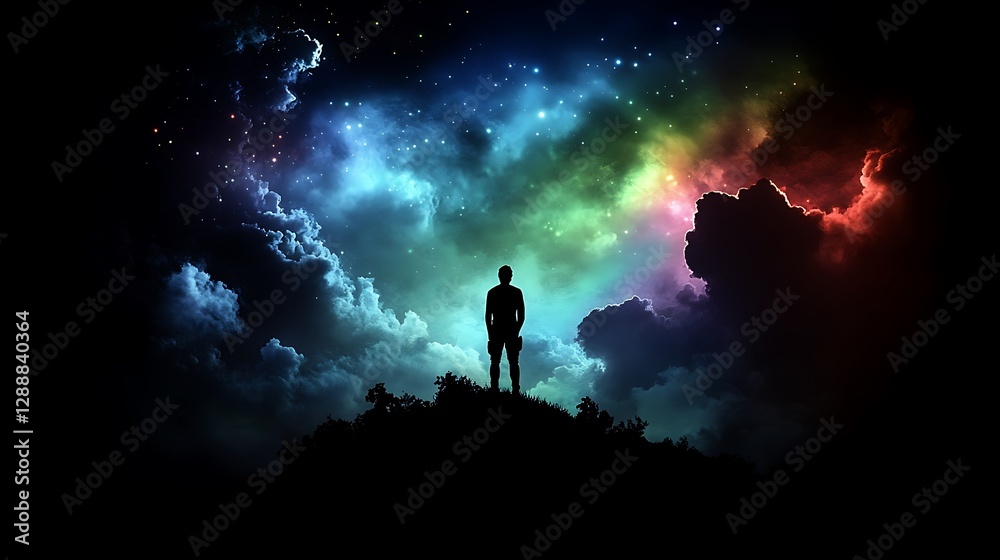 Fototapeta premium Silhouette Man Stargazing Night Sky Hilltop Dreamscape.